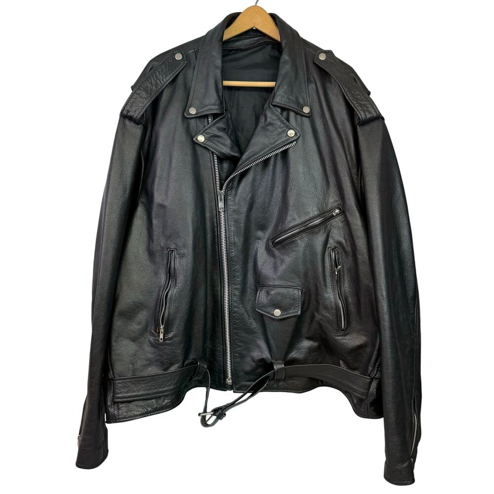 Black Leather Biker Jacket Men's Size 66 Vintage Hot Leathers Classic Motorcycle